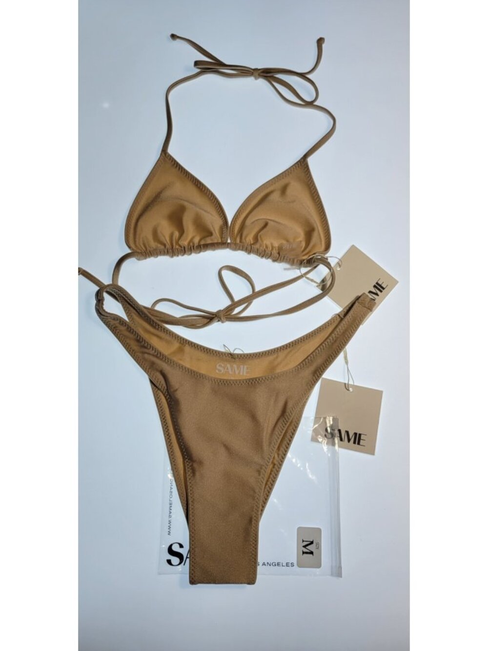 SAME Los Angeles Swim Bikini Set 2Pc Triangke Top High Weist Bottom Beige SZ M